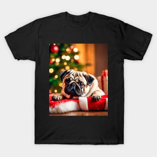 Pug Dog by Christmas Tree with Gifts T-Shirt